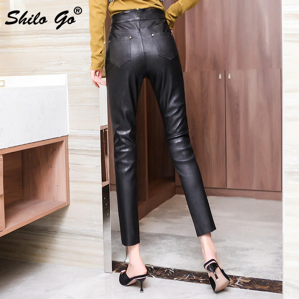 

High Street Pants Womens Winter Fashion Buttons Front Detail Genuine Leather Pencil Pants High Waist Sexy Sheepskin Trousers