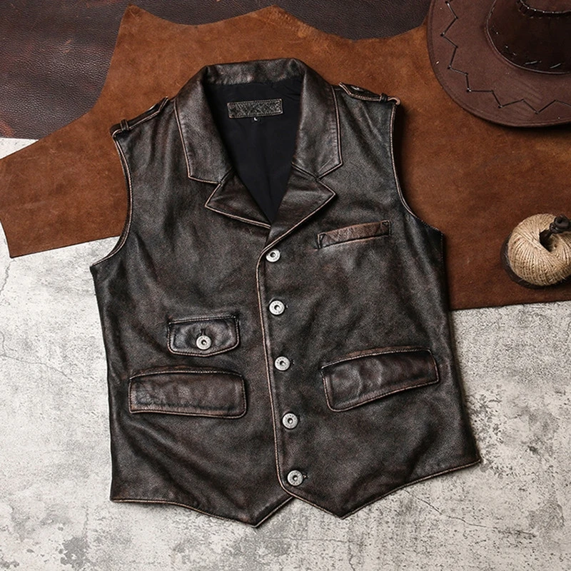 

Vintage Brown 2020 Men Spring Casual Leather Vest Large Size XXXL Genuine Cowhide Russian Short Slim Fit Natural Leather Vest