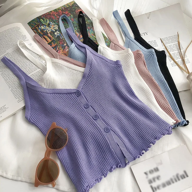 

Women's Fashion V-neck Solid Sling Top Clothes Ladies Sexy Slim Navel Knitted Camisole Tank Tops Slimming Sexy Tanks