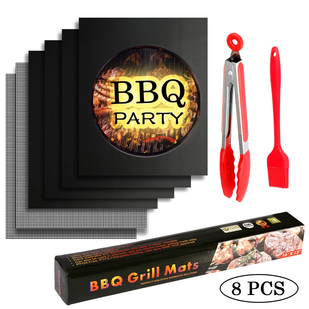 

8pcs Non Stick BBQ Grill Mat Set Reusable Barbecue Baking Mat Pad Tongs Silicone Brush BBQ Mesh Accessories