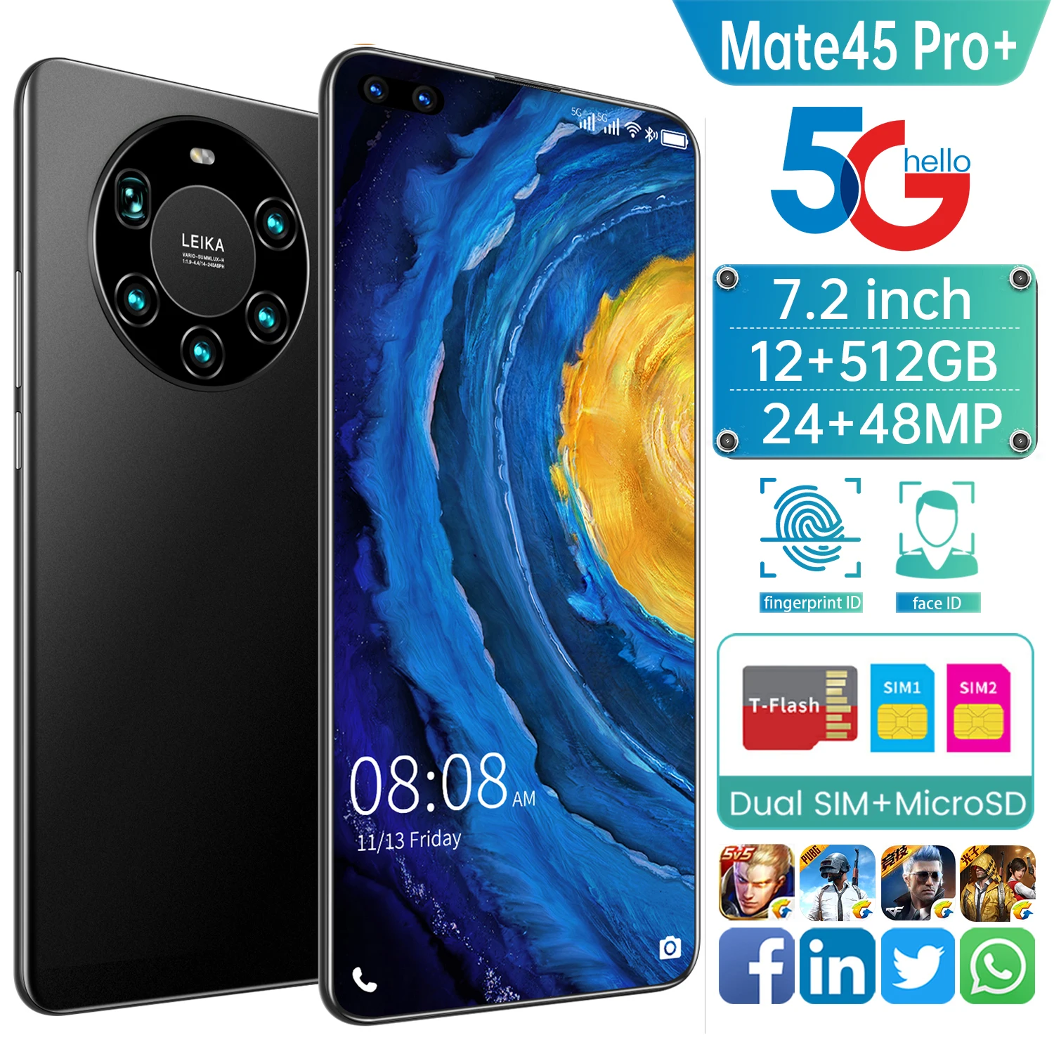 

Mate 45Pro+ Smartphone 7.2 Inch Full Screen Octa Core 6000mAh 12GB 512GB 5GIntelligent wake-up, face recognition, fingerprint u