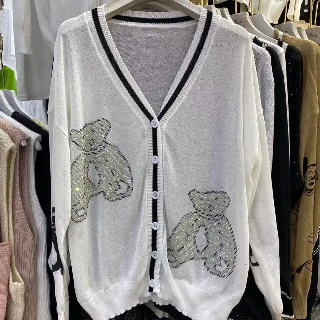 

Long Sleeve Knitted Cardigan Women Thin Summer Sun Protection Clothing Cartoon Hot Drilling Air Conditioner V-neck All-match