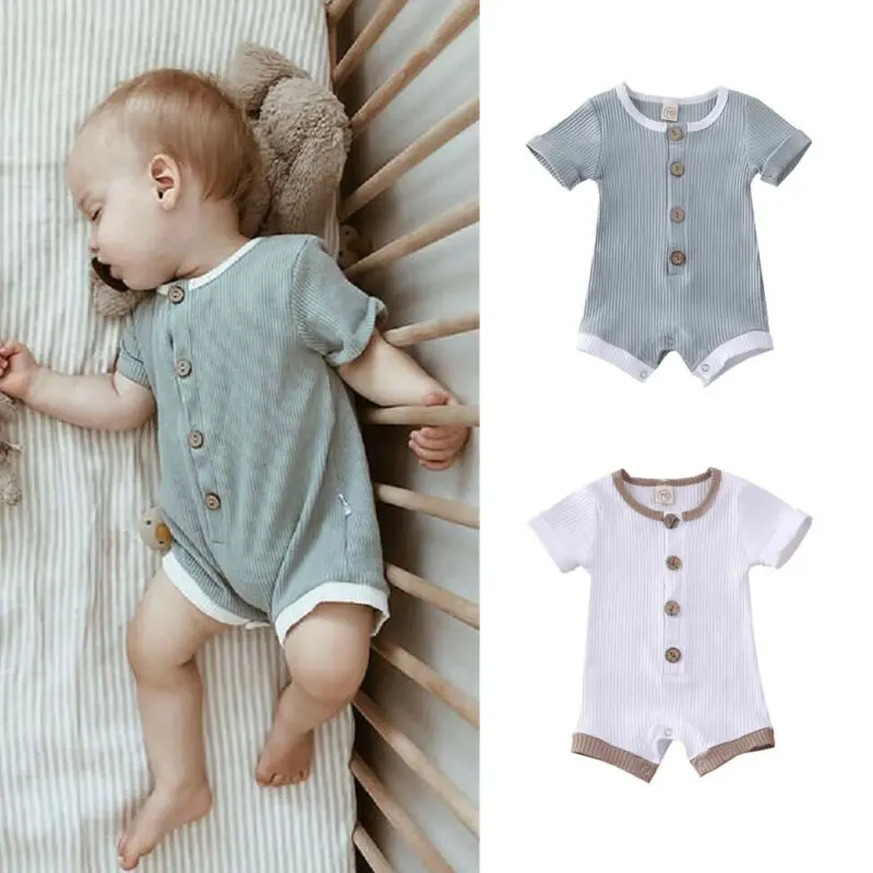 

2020 Cotton Soft Baby Romper New born Baby Boys Girls Clothes Short Sleeve Buttons Kintted Romper Jumpsuit Summer Outfit 0-18M
