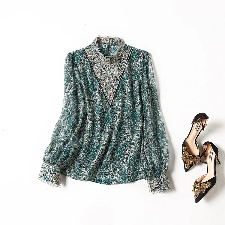 

Women's Shirt 2021 Spring 100% Natural Silk Pullover Long Sleeve Stand Collar European And American Stitching Classy Clothing