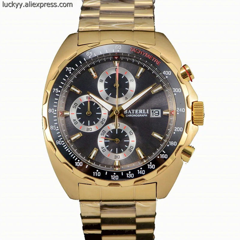 Мужские часы из желтого золота японские VK с хронографом кварцевые черным