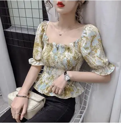 Женские блузки с цветочным принтом Винтажные эластичные Блузы оборками на спине