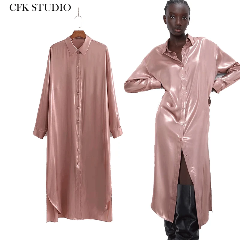 Женское платье рубашка mididress 2019 новая мода воротник стойка яркая сторона длинный