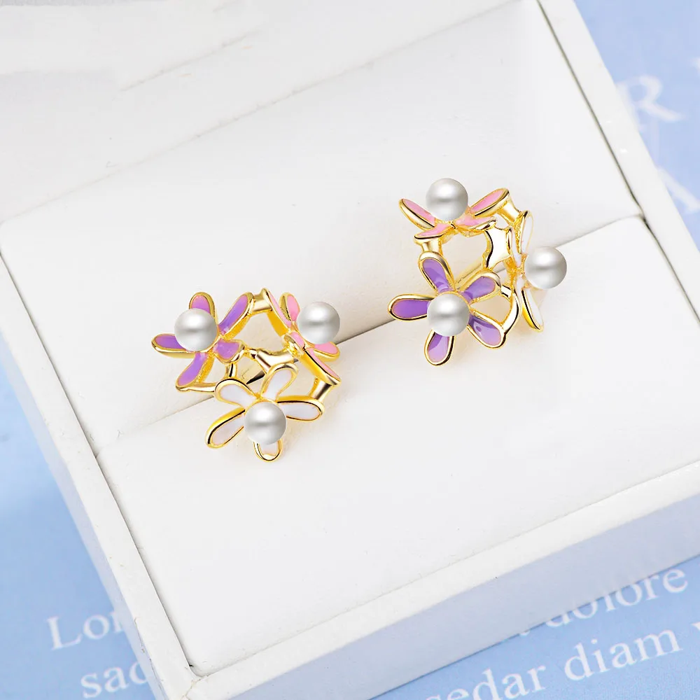 

POPACC 925 Sterling Silver Temperament Epoxy Pearl Flower Earrings For Women