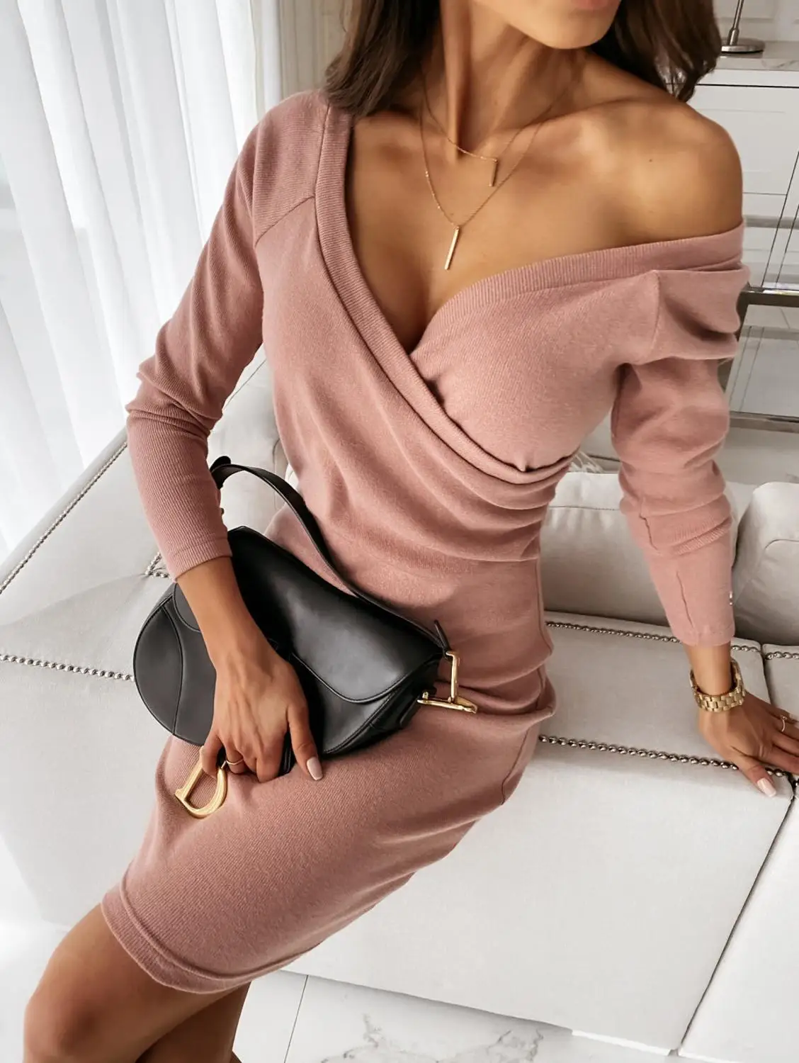 

New V-Neck Sexy Long-Sleeve Slim Hip Dress Spring and Autumn 2021 Fashion Casual Solid Color High Quality Mid-Waist Women Dress