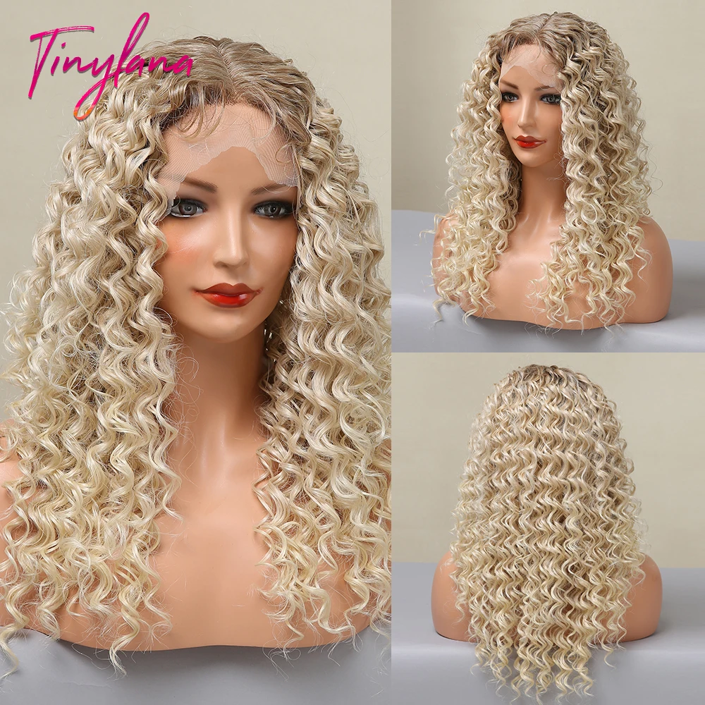 

TINY LANA Ombre Brown Blonde Lace Front Wigs Long Kinky Curly Lace Frontal Synthetic Wig For Woman Daily Party Heat Resistant