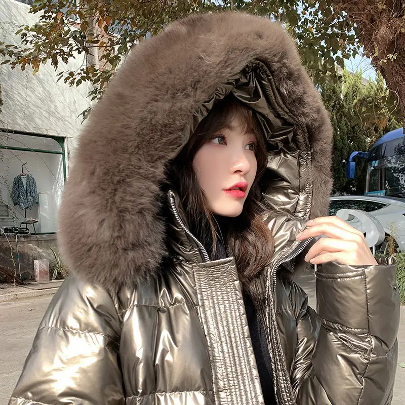Punk Women Winter Gold Down Cotton Jacket Fashion Glossy Black Hooded Thick Shiny Loose Real Fox fur Warm Parkas Lady Coat |