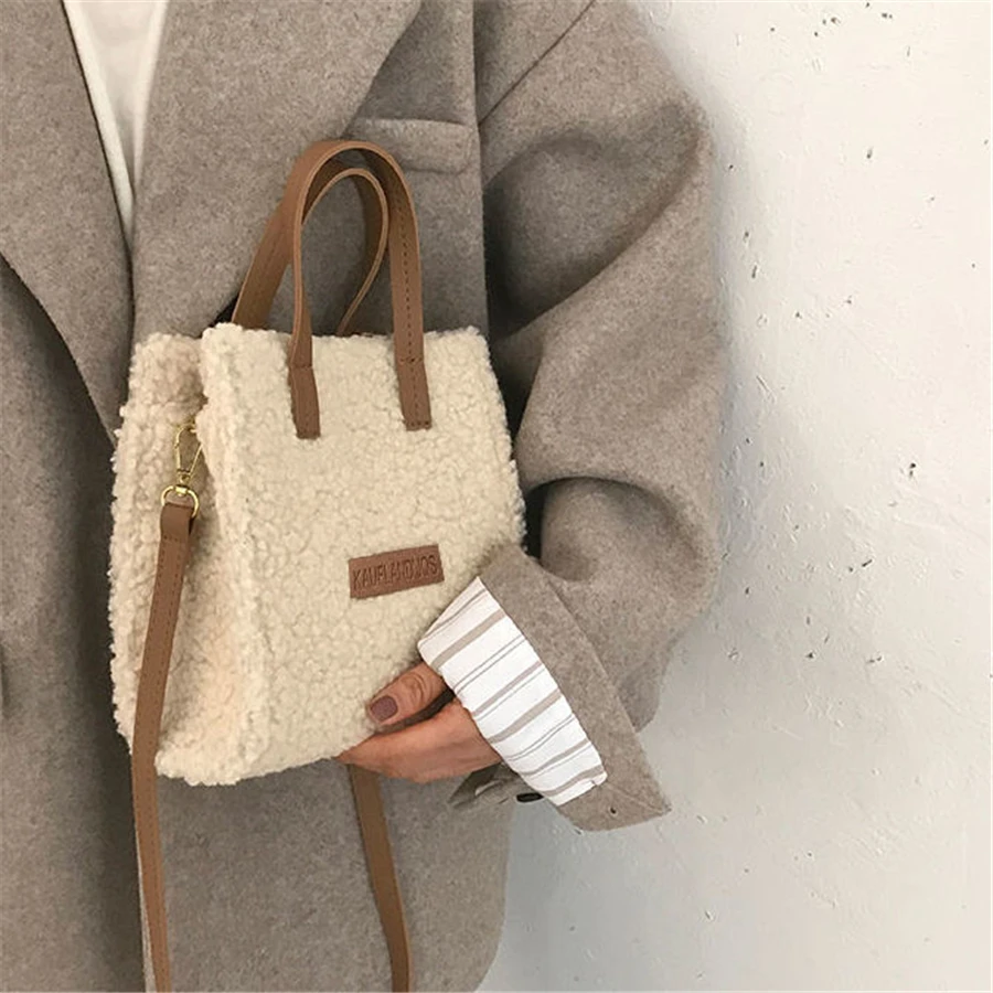 

SWDF Women Winter Shoulder Bag Lamb Wool Warm Soft Autumn Ins Square Cross-body Portable Casual Beige Khaki Girls Preppy Style