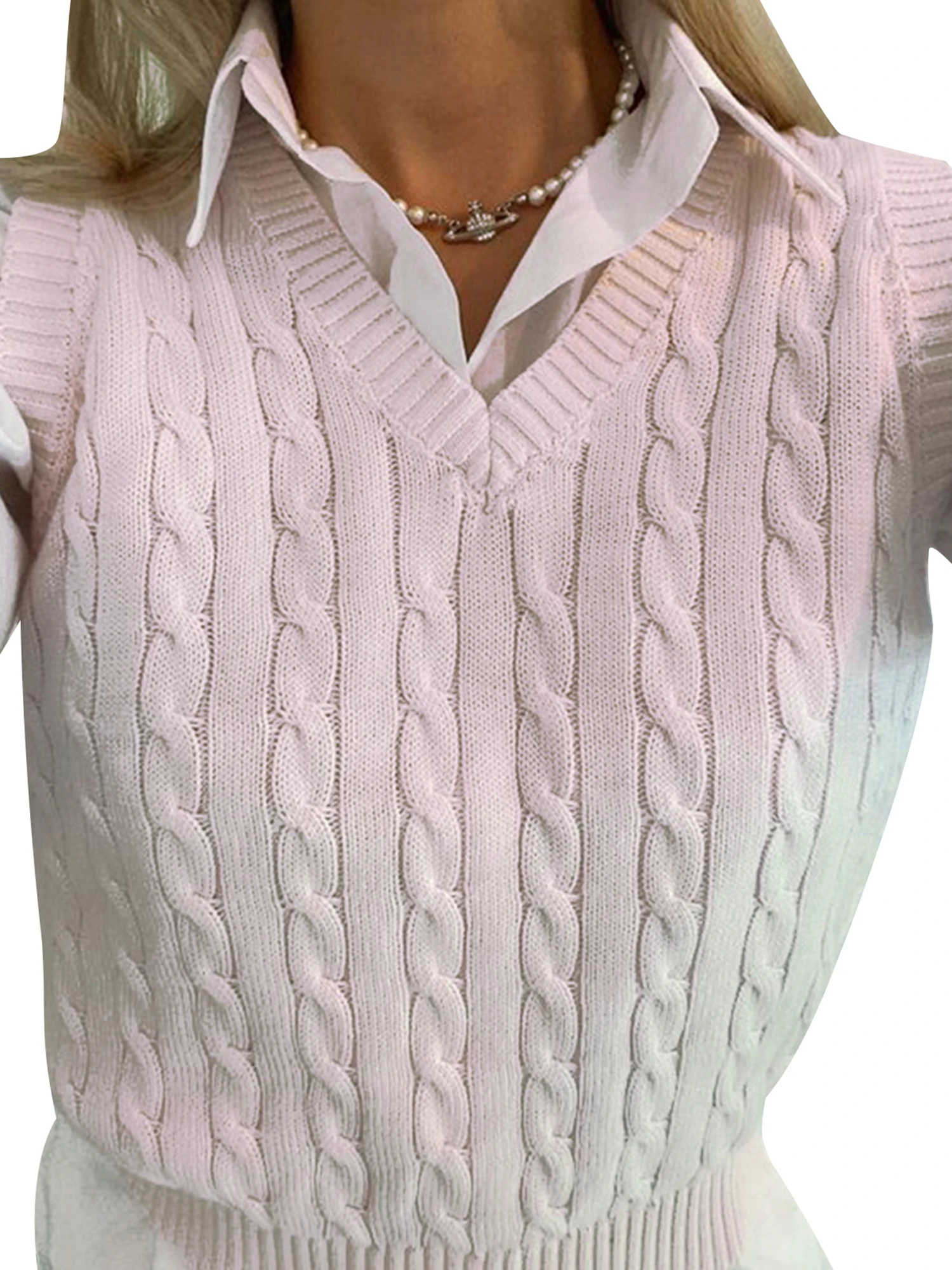 

Womens V Neck Sweater Vest Fashion Classic Sleeveless Solid Color Cable Knit Loose Tank Tops