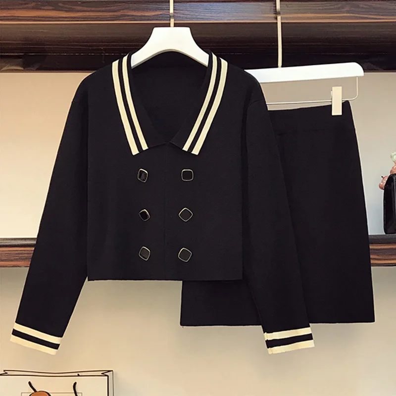 Плюс размер Осень зима элегантный вязаный свитер укороченный топ и мини юбка