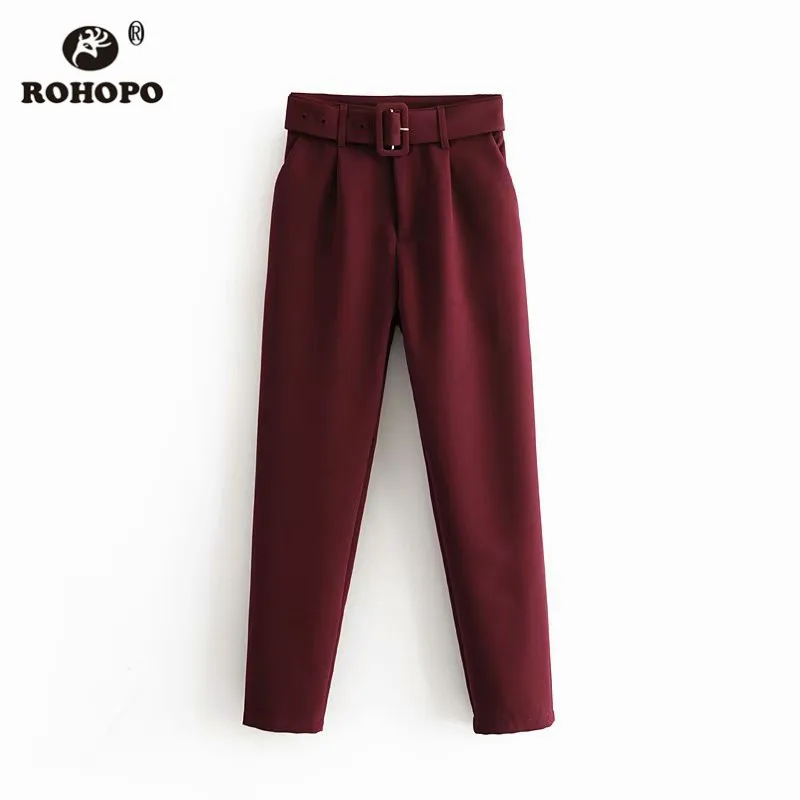ROHOPO темно красные женские брюки карандаш полной длины с твердым поясом боковыми