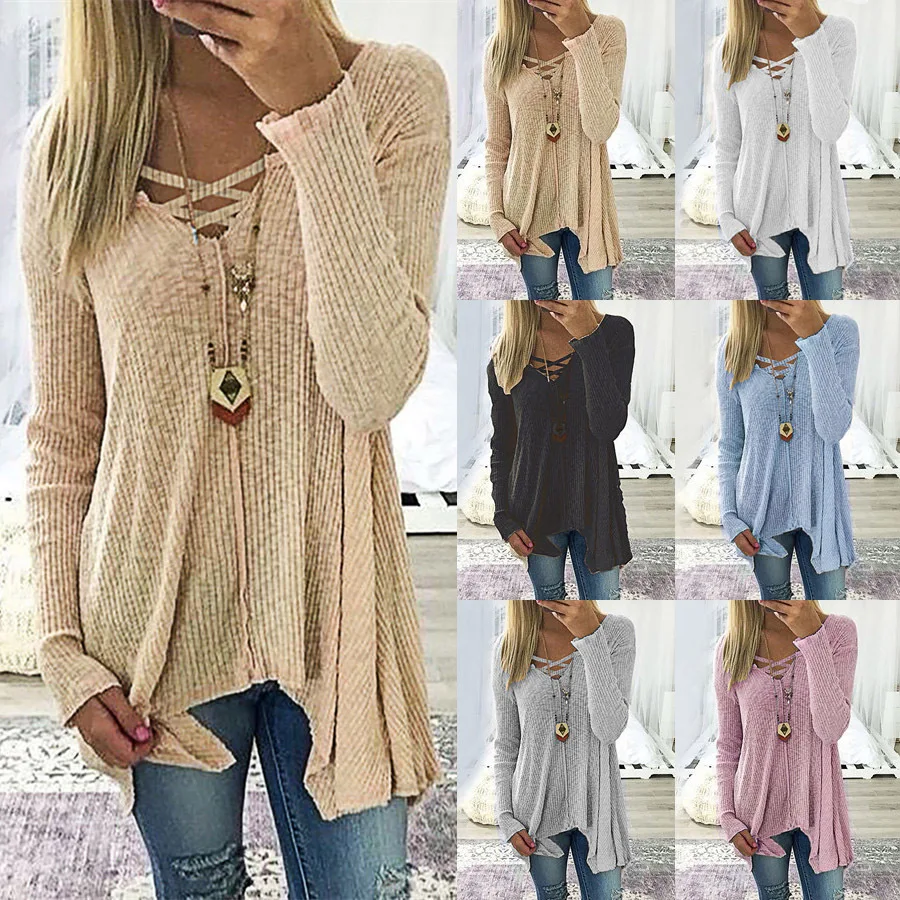 Женский свитер с v-образным вырезом Однотонный асимметричным верхом Осень-зима