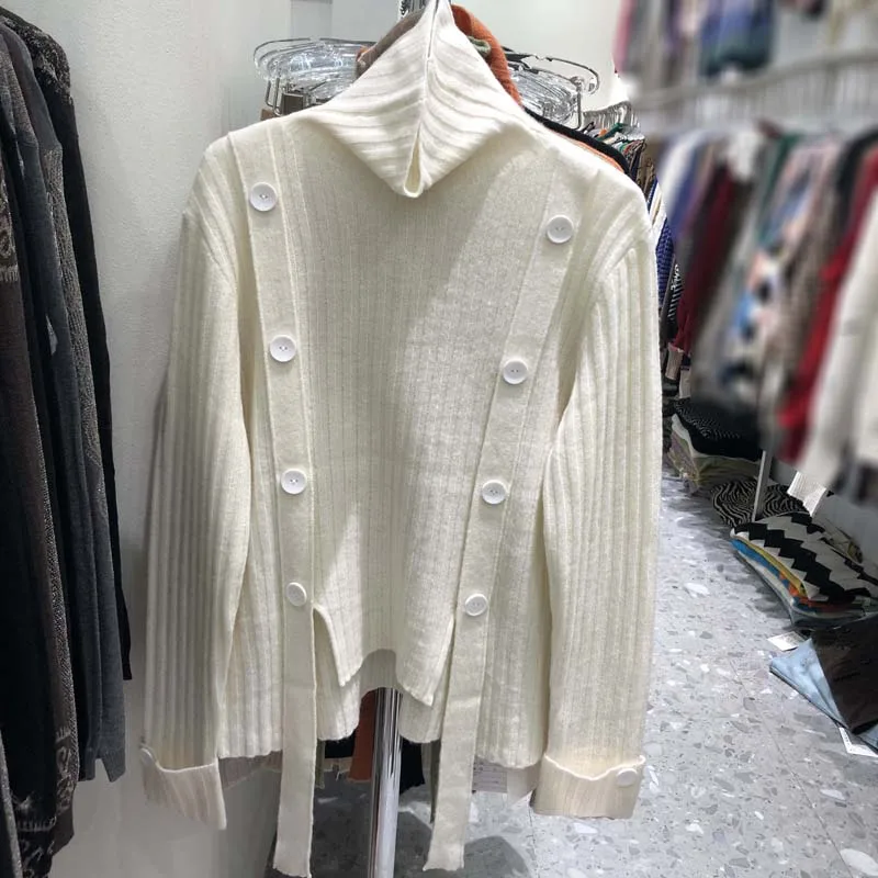 

Women's Basic high Neck Knit Long Sleeve Fall Sweater stylish jumpers With Buttons