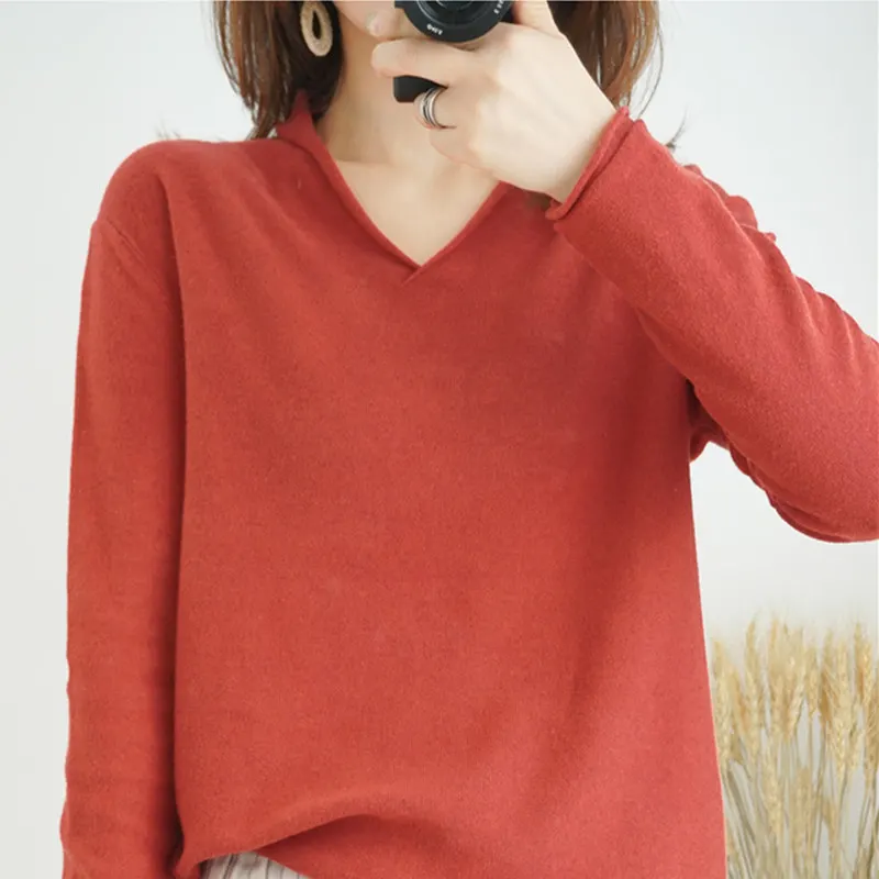 

Женский трикотажный свитер из 100% хлопка с длинным рукавом и V-образным вырезом