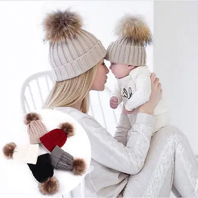 

Lioraitiin Mother Child Baby Toddler Kids Girls Boys 2Pcs Warm Hat Winter Beanie Knitted Cap New