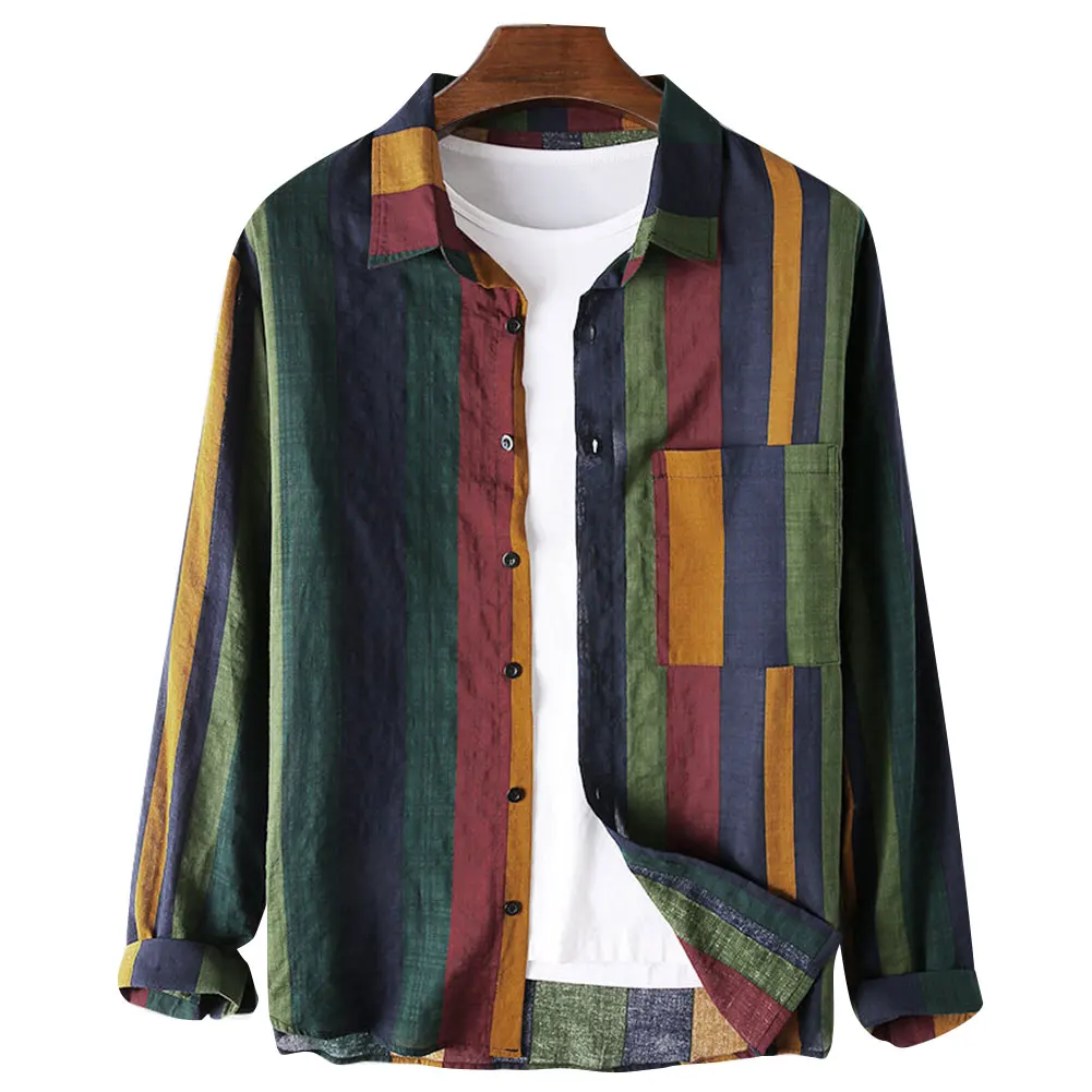 

Мужская льняная рубашка с длинными рукавами и воротником-стойкой