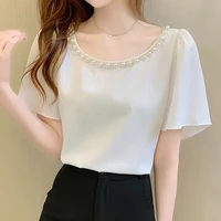 summer 2022 korean version newtops o neck chiffon shirt womens short sleeved fashion pearl craft stitching top bottoming shirt