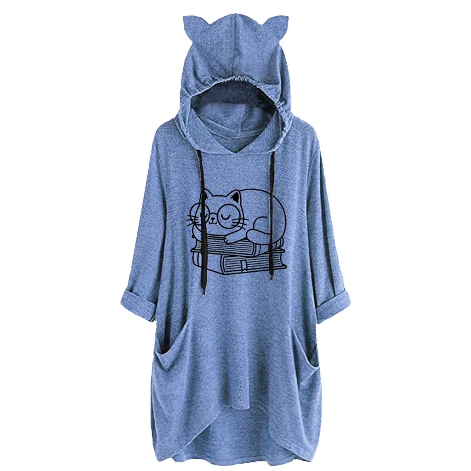 

Женская толстовка с капюшоном и принтом кошек, милая Повседневная Свободная винтажная женская кофта средней длины в западном стиле