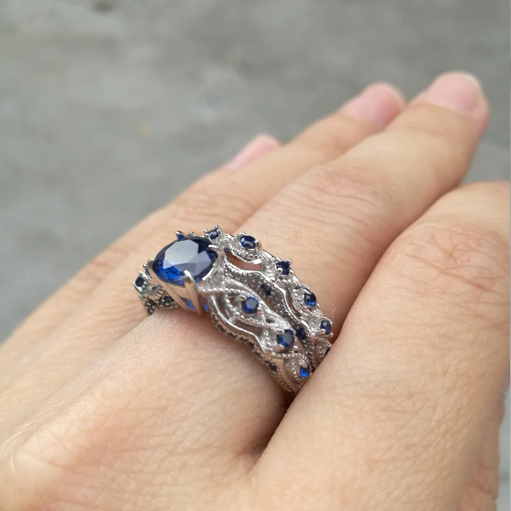 Newshe 1,3 Ct Твердые 925 пробы серебряные обручальные кольца наборы обручальное кольцо синий CZ вечность ювелирные изделия для женщин