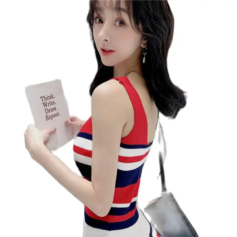 

summer Striped Sexy knitting dress Low-Cut Backless Slim-Looking Hip Knit Vest Dress bodycon dress sweater dress club dress
