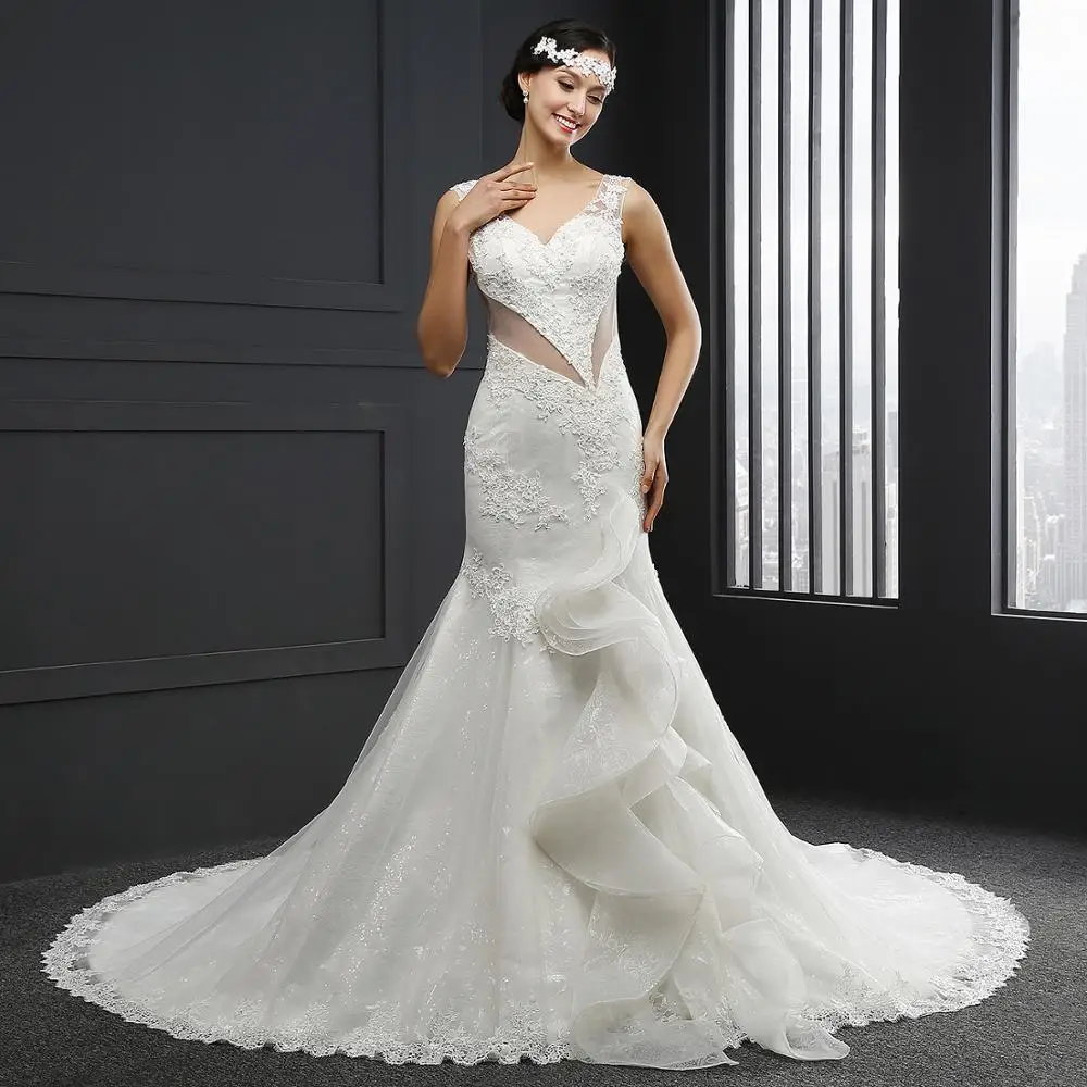 

Q004 real photo mermaid wedding dress bridal gowns for bride women v neck sequins applique tulle ruffle wedding guest dresses