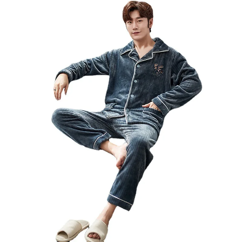 M-5XL Men'S Winter Coral Fleece Plus  Thickening Warm Flannel Homewear Pajama Set