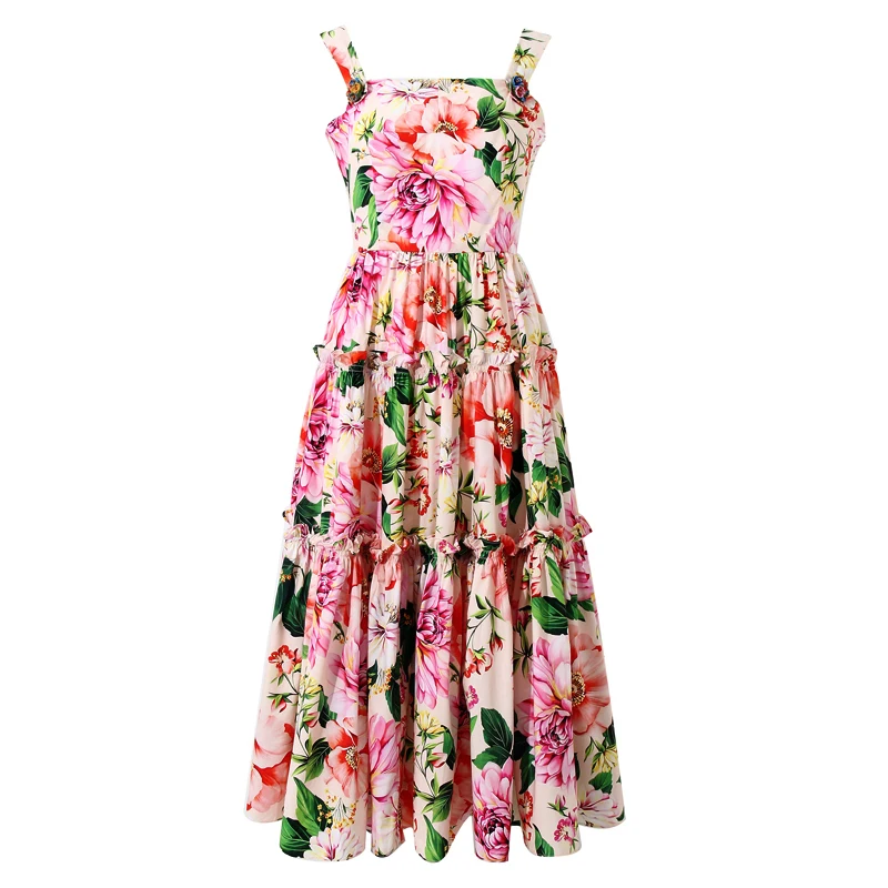Customize Made Women  3XS-10XL Flower Print Medium Long A Line Dress