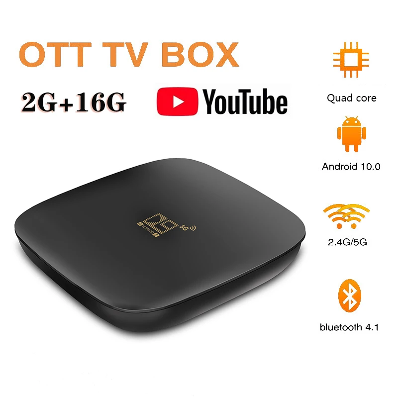 Ott d9 caixa de tv inteligente android 10 2g + 16g ultra hd vídeo media player 2.4g 5ghz wifi bluetooth youtube conjunto caixa superior