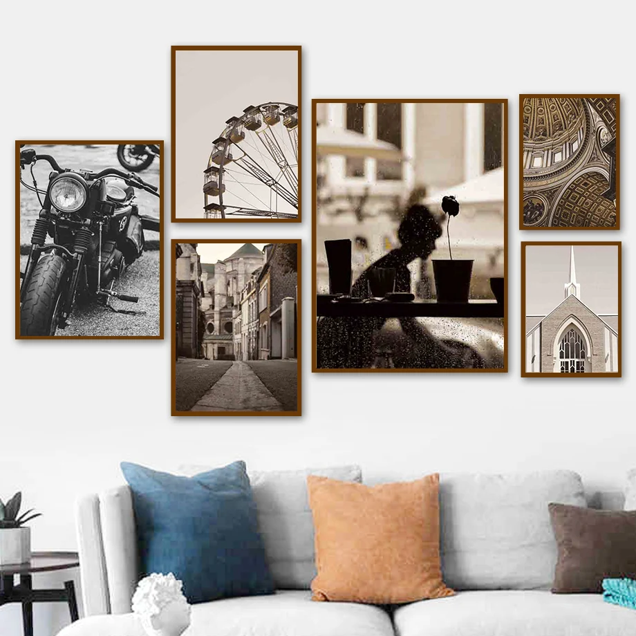 

Retro Motorcycle Street Ferris Wheel Vase Wall Art Canvas Painting Nordic Posters And Prints Wall Pictures For Living Room Decor