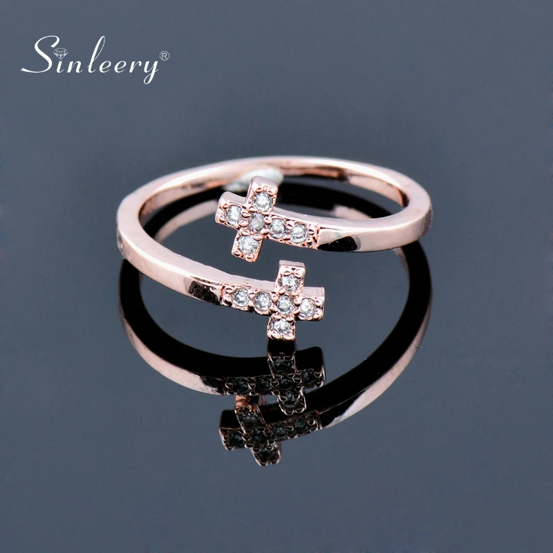 

SINLEERY Korean Fashion Cross Ring Adjustable Size Tiny Crystal Inlay Rose Gold Color Rings For Women Girl Jz435 SSK