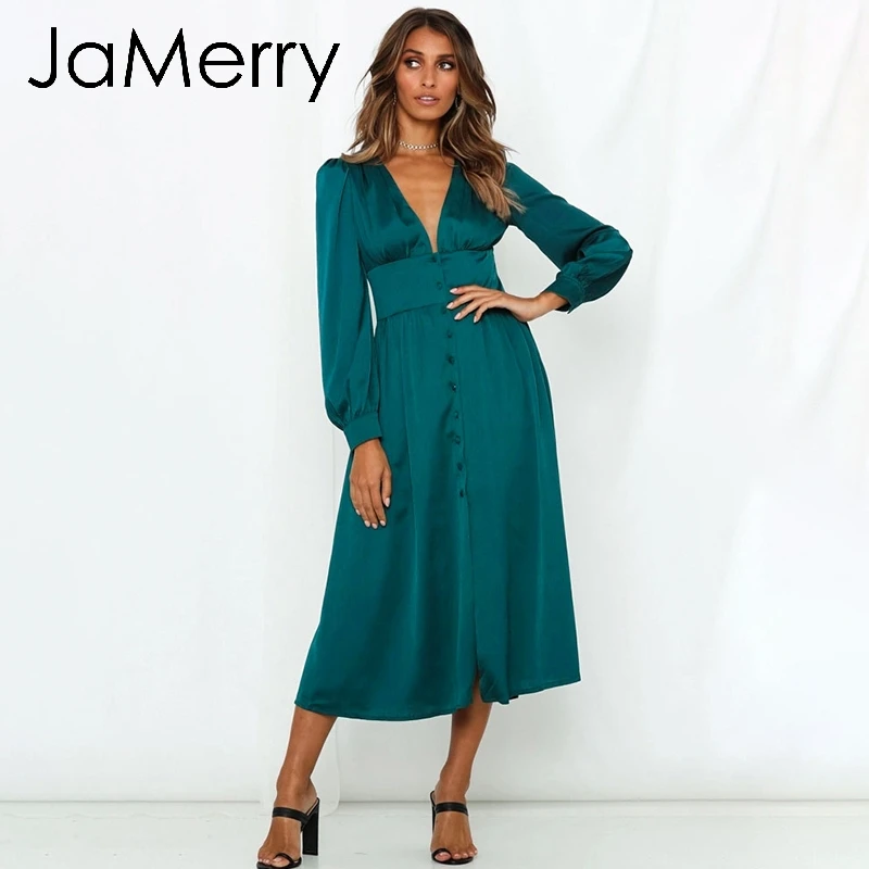 JaMerry, винтажное, сексуальное, атласное, женское, миди платье, с длинным рукавом, на пуговицах, высокая талия, для девушек, для вечеринки, платье, элегантное, одноцветное, розовое, зеленое, vestidos