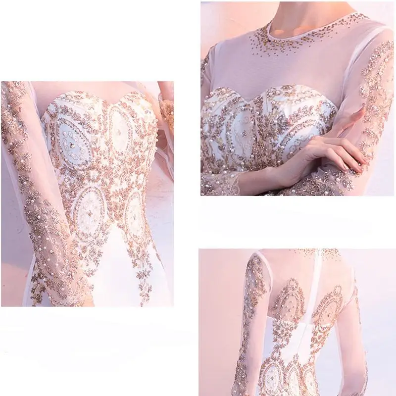 

White Diamond Sequins Beaded Mesh Wrist Sleeve Elegant Long Dress Luxury Banquet Dress Ladies Sexy Formal Wear Nightclub Outfit