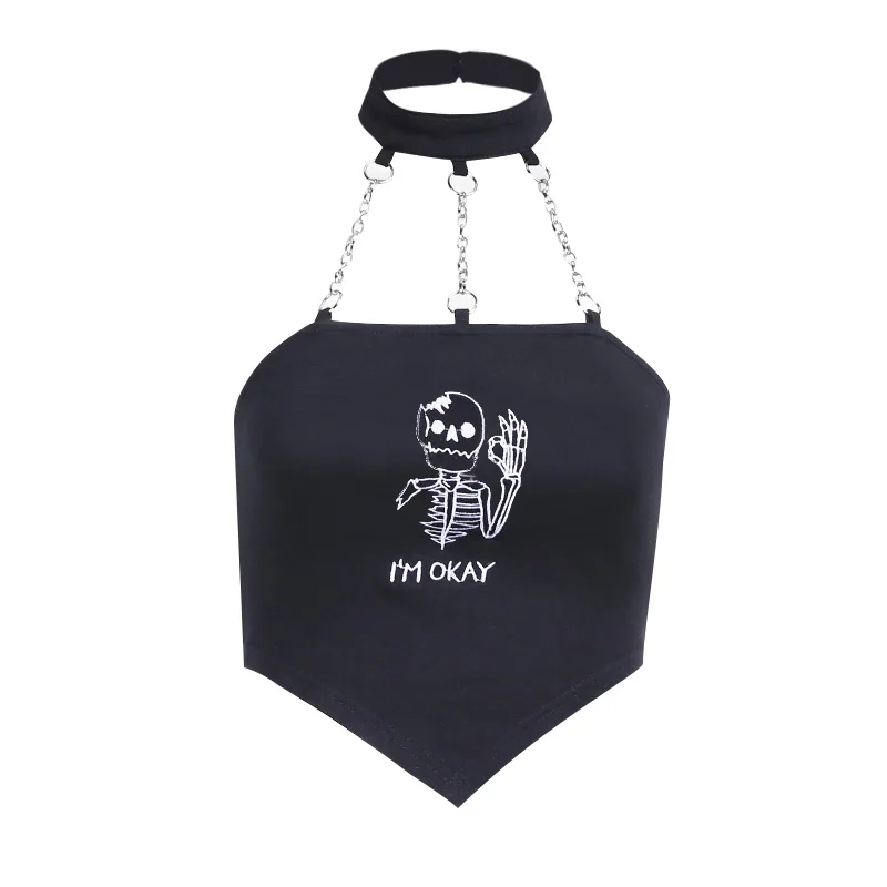 

InsDoit Gothic Punk Summer Crop Tops Women Streetwear Chain Halter Sexy Sleeveless Camis Embroidery Backless Fashion Black Tops