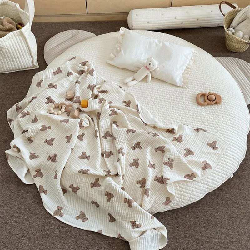 

Baby 2 Layers Gauze Swaddle Wrapped Muslin Blanket Fashion Bear Print Spring Summer Air Conditioned Quilt Footmuff Sleeping Bag