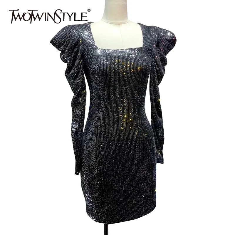 

TWOTWINSTYLE Black Patchwork Sequin Mini Dress Females Square Collar Puff Long Sleeve High Waist Slim Dresses For Women 2021 New