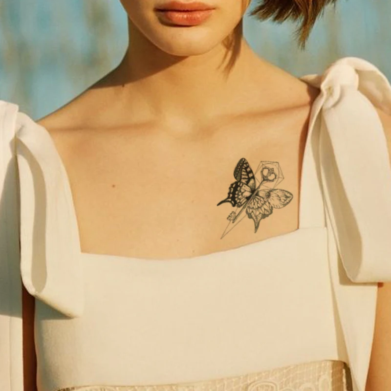 

Hot Sale Butterfly Heart Key Girls Temporary Tattoo Black Totem Design Body Fake Tattoo Sticker Chest Arm Waterproof for Women