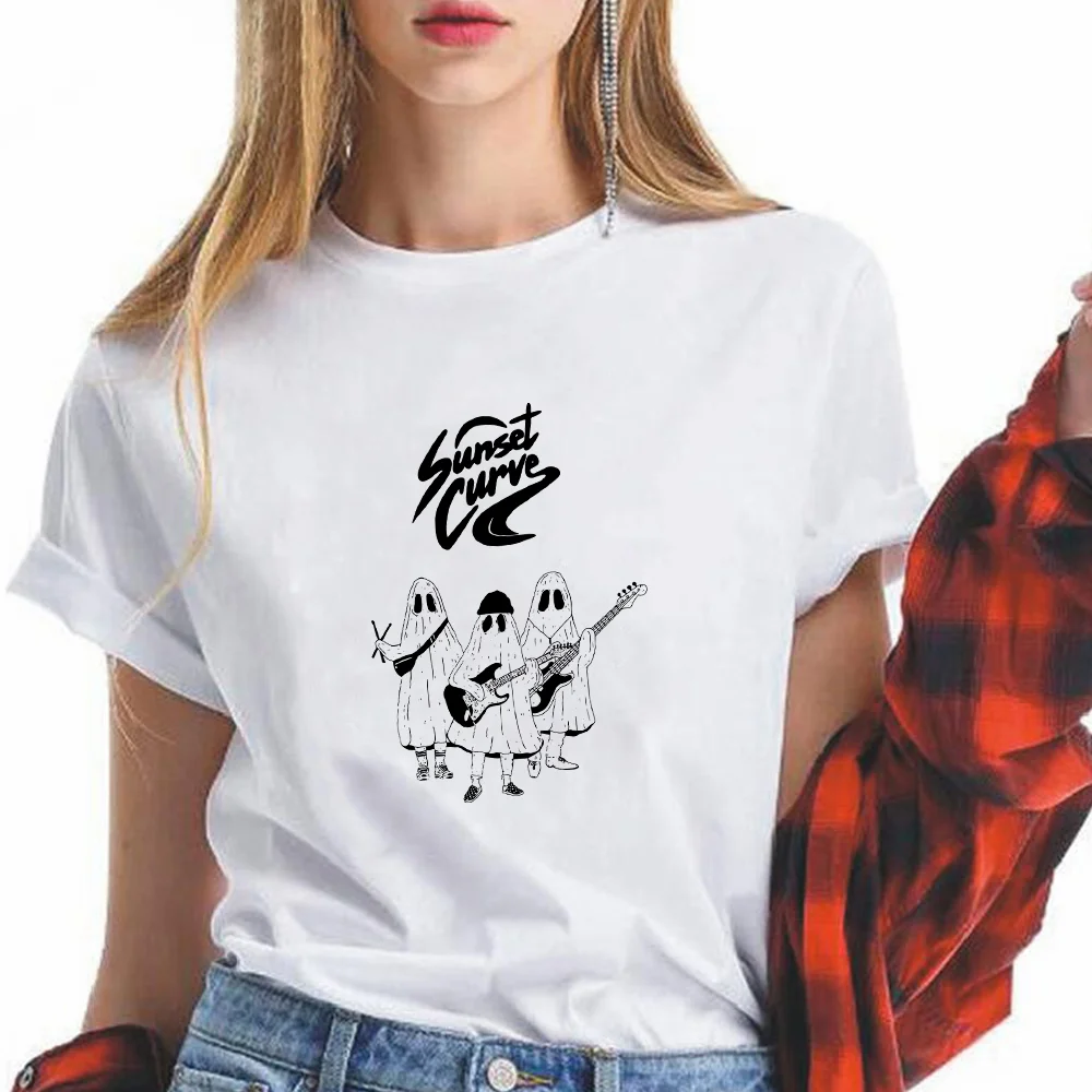 

90s Vintage Harajuku Sunset Curve Tshirt Women Cute Little Specter Printed Loose White T shirt Short Sleeve Streetwear Summer