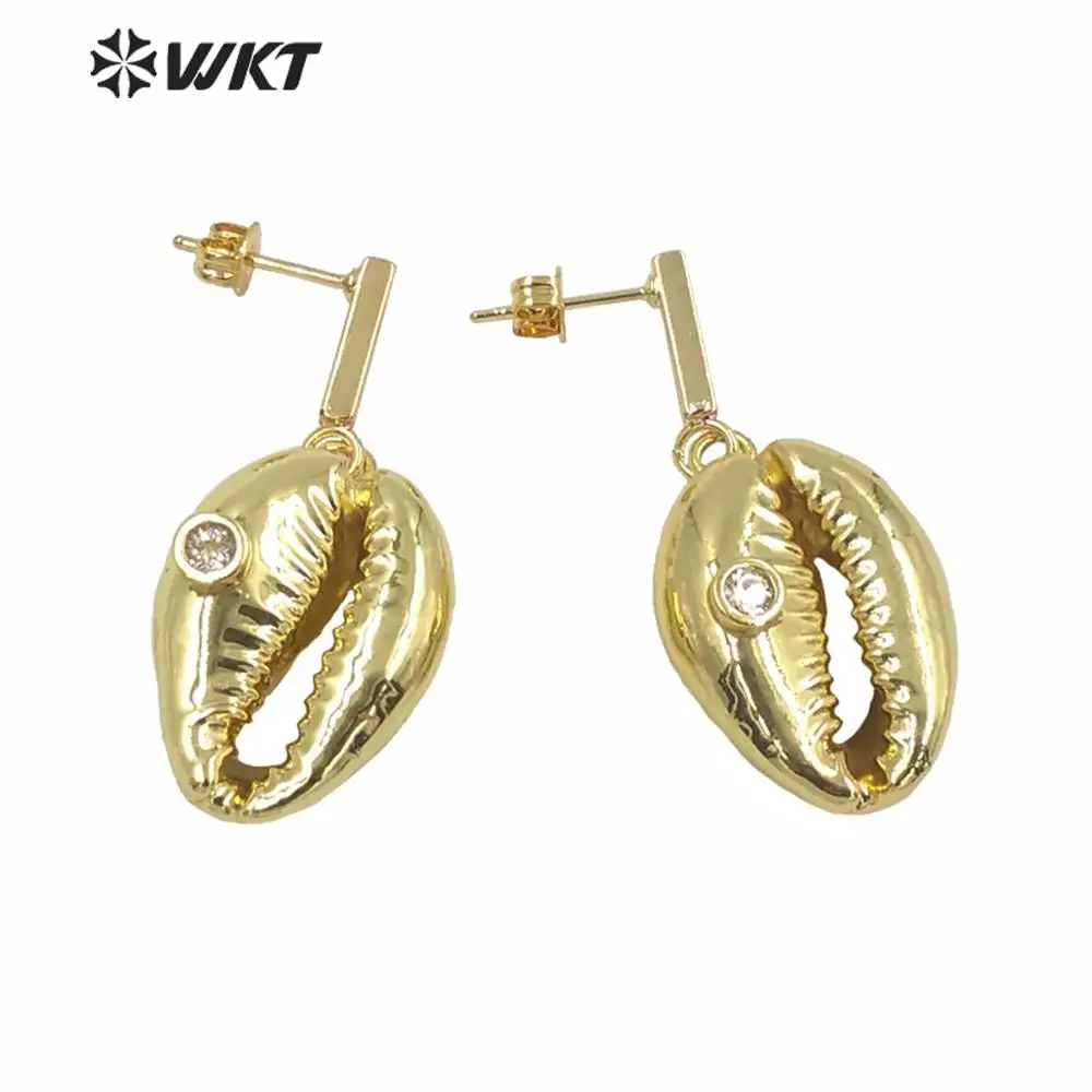 

MPE048 WKT Gorgeous natural full gold dipped cowrie shell earrings lady charming dangle push back shell earrings