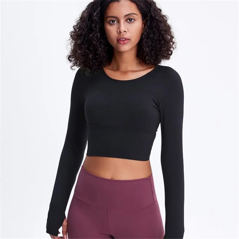 

Women Nylon Fitness Shirts Sexy Back Anti-sweat Gym Workout Sport T-Shirt Long Sleeved Yoga Crop Tops with Thumb Holes
