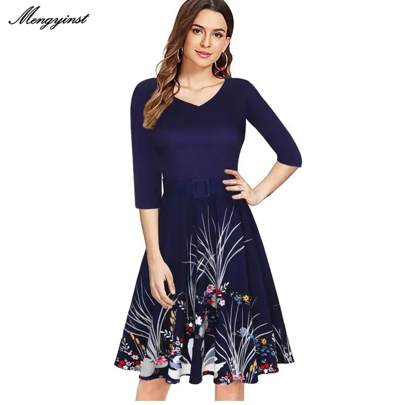 

Винтажное платье с V-образным вырезом, новинка 2022, весеннее женское повседневное элегантное платье с цветочным принтом и рукавом 3/4, офисные ...