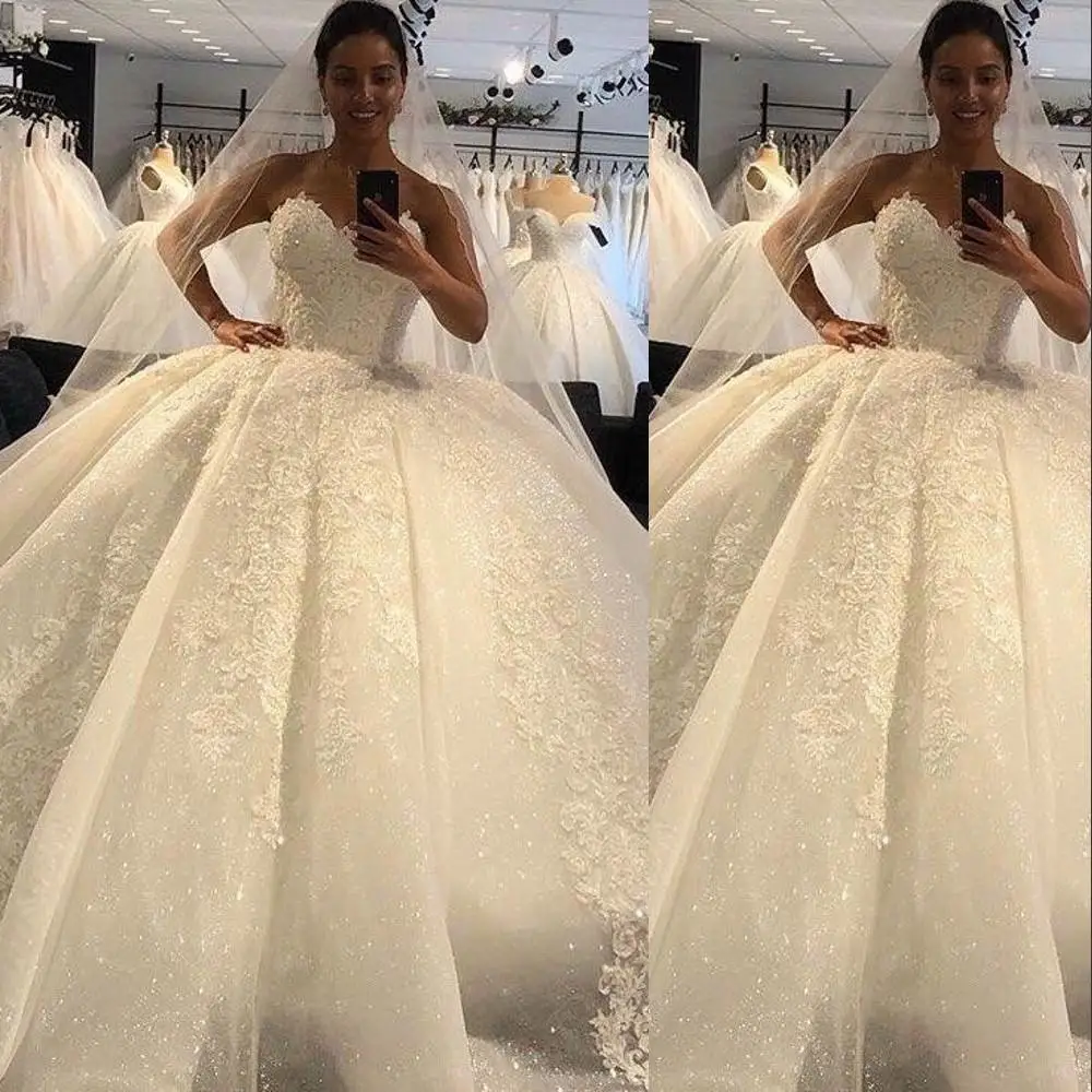 

New Plus Size Ball Gown Wedding Dresses Sweetheart Sequined Lace Appliques Sweep Train Formal Wedding Dress Bridal Gowns Robes