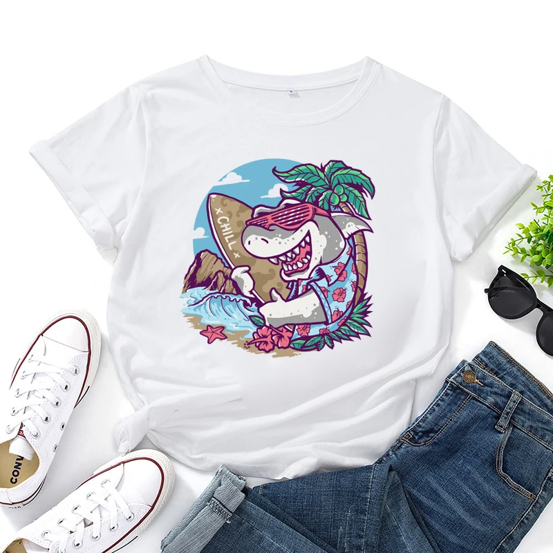 

Funny Cartoon Shark Surfing Vacation Female Tops Tees Anime Harajuku Korean Style Hip Hop Clothing Ladies Aesthetic T-shirt