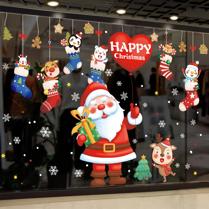 

[SHIJUEHEZI] Christmas Window Stickers DIY Santa Claus Deer Socks Wall Decals for Living Room Glass New Year Home Decoration