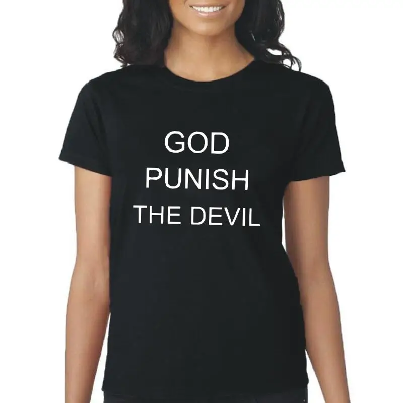 Забавная футболка с буквенным принтом Бог накажет дьявола Женские топы коротким