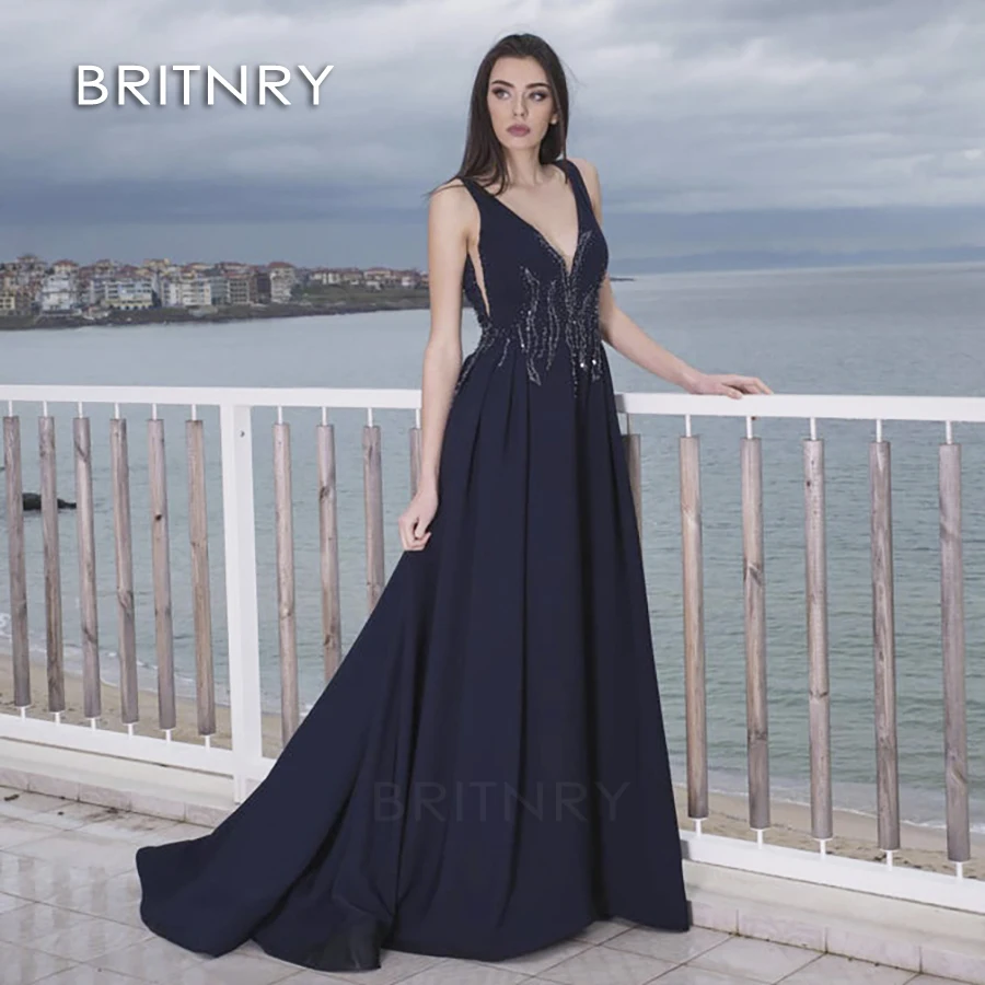 

BRITNRY 2020 V-Neck A-Line Elegant Sleeveless Sexy Formal Crystal Beading Party Long Prom Dresses for Woman Robe De Soiree