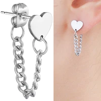 1piece silver color chain stud earrings fashion heart punk earring stainless steel korean women men trendy jewelry gift hot sale